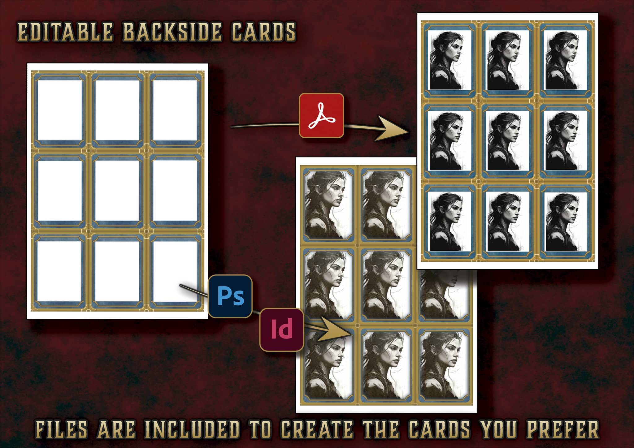 Pack dmg tarjetas reversibles editables D&D 5E 2023 con opción para personalizar en Photoshop e InDesign