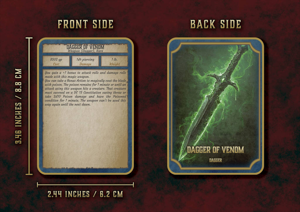 Pack DMG D&D 5E 2023 con cartas de armas como Dagger of Venom y detalles ilustrativos