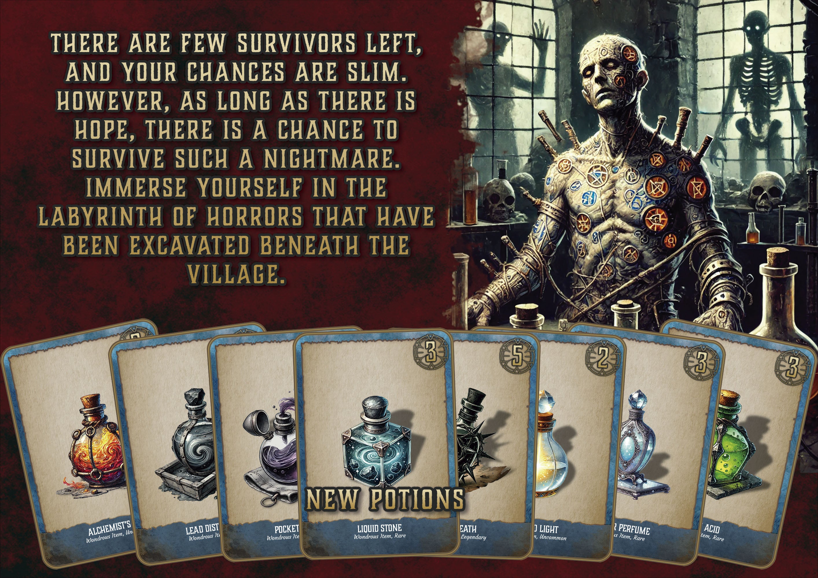 Producto digital Cibola Designs escena de horror cartas de pociones y criatura esqueleto para aventura y supervivencia