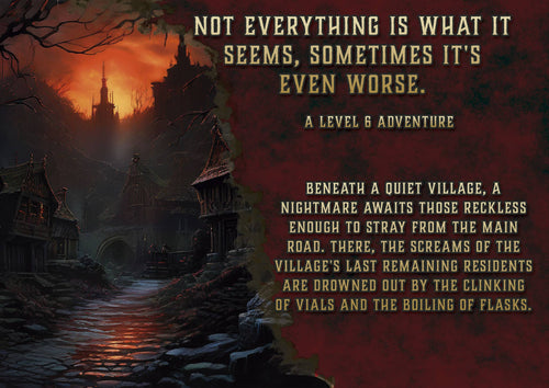 Imagen de portada digital de Cibola Designs con pueblo oscuro y castillo siniestro al atardecer para aventura