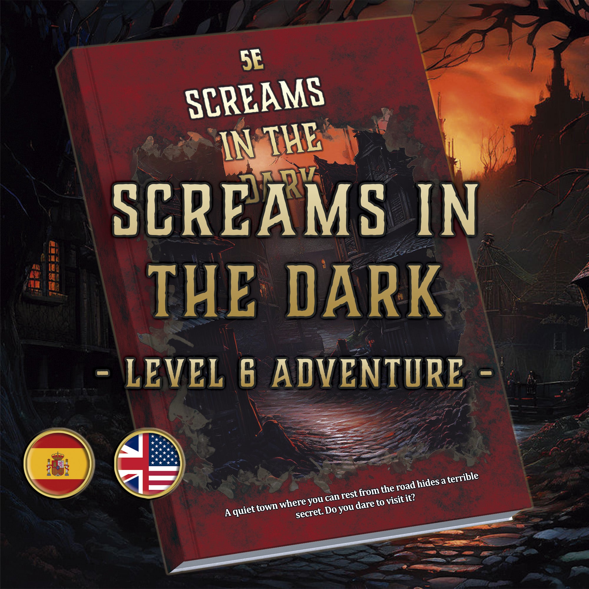 Portada de producto digital Screams in the Dark de Cibola Designs con pueblo gotico y atmosfera oscura para aventura nivel 6