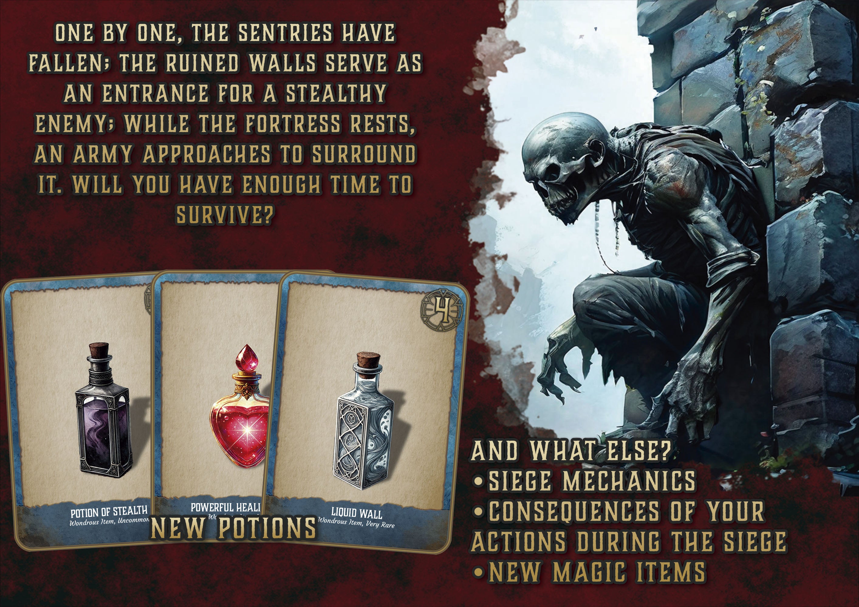 Cubierta digital de Cibola Designs mostrando un monstruo esqueletico junto a cartas de pociones y texto de aventura
