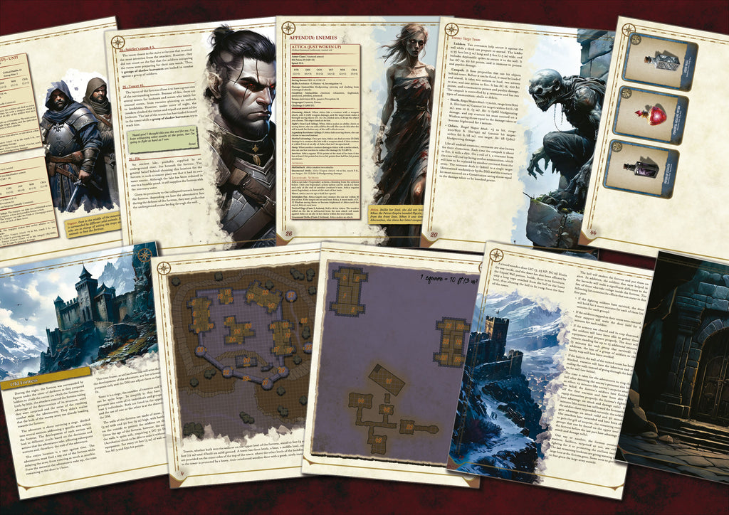 Manual de aventura digital de Cibola Designs con mapas detallados, ilustraciones de personajes y cartas de objetos