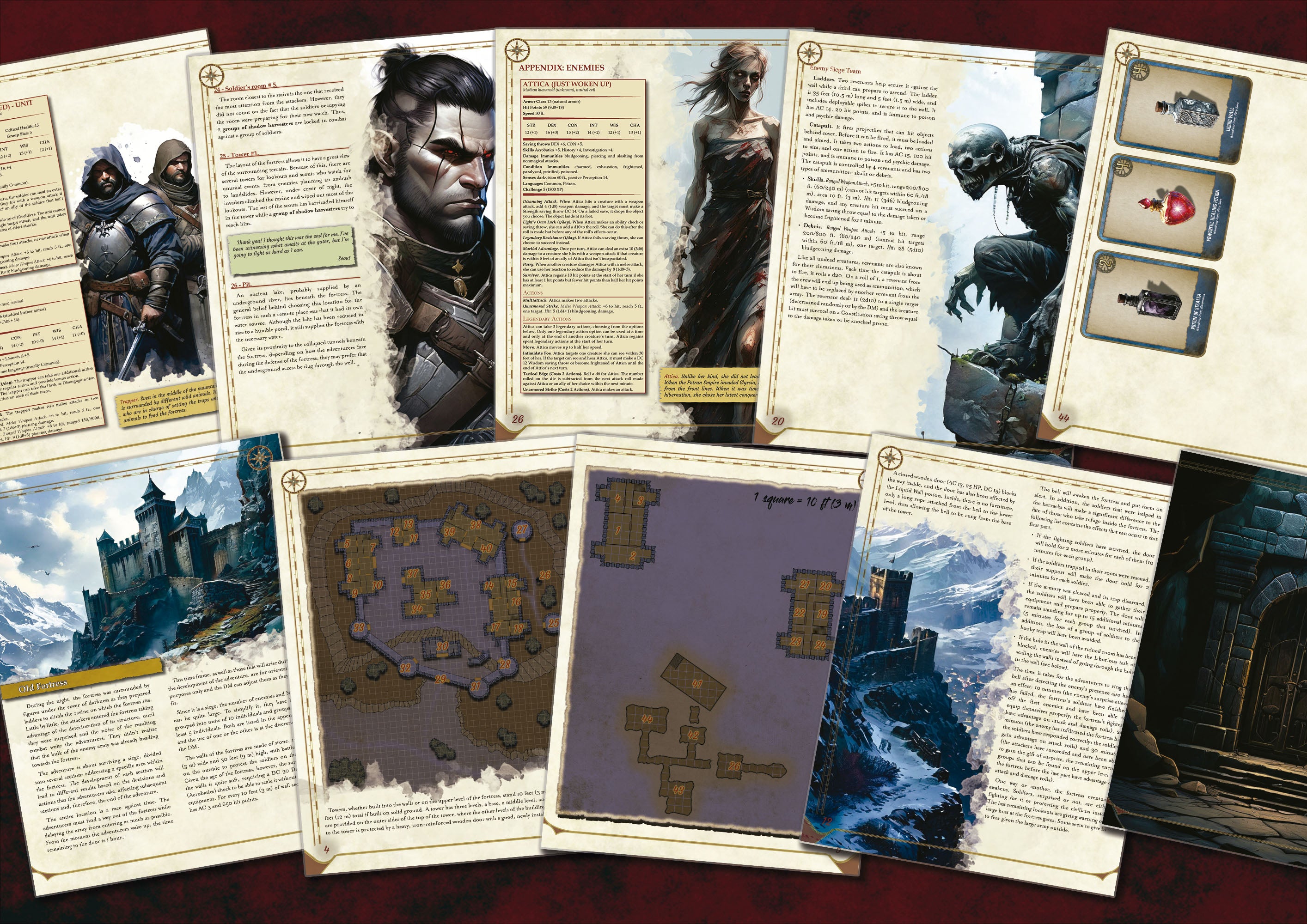 Manual de aventura digital de Cibola Designs con mapas detallados, ilustraciones de personajes y cartas de objetos
