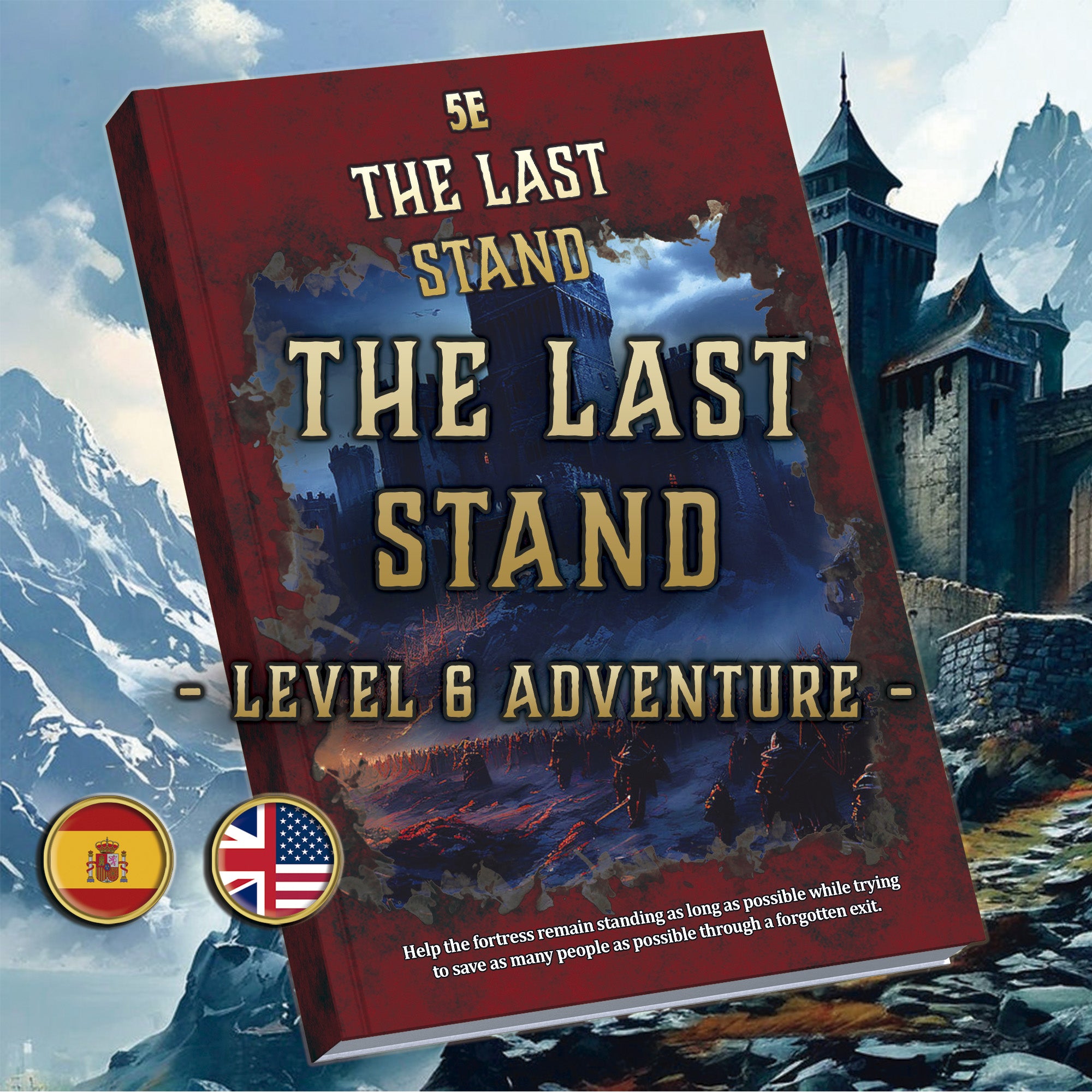 Portada digital de aventura Nivel 6 The Last Stand de Cibola Designs con castillo y montana nevada