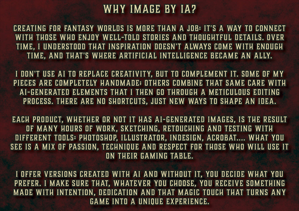 Texto informativo de producto digital de Cibola Designs sobre IA y creatividad para aventura de fantasia