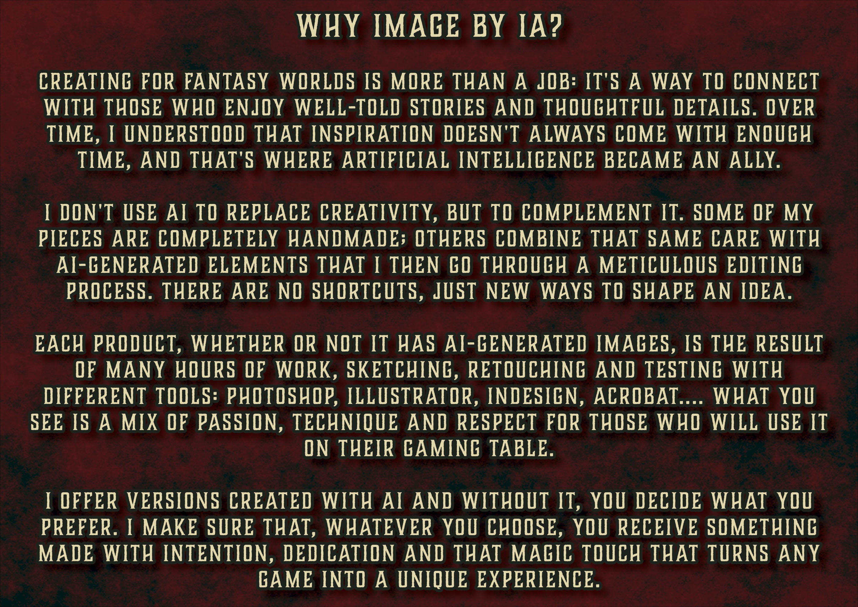 Texto informativo de producto digital de Cibola Designs sobre IA y creatividad para aventura de fantasia